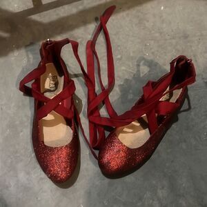 Size 6.5 Upcycled Sparkly Red Trash Ankle Wrap Ballet Flats